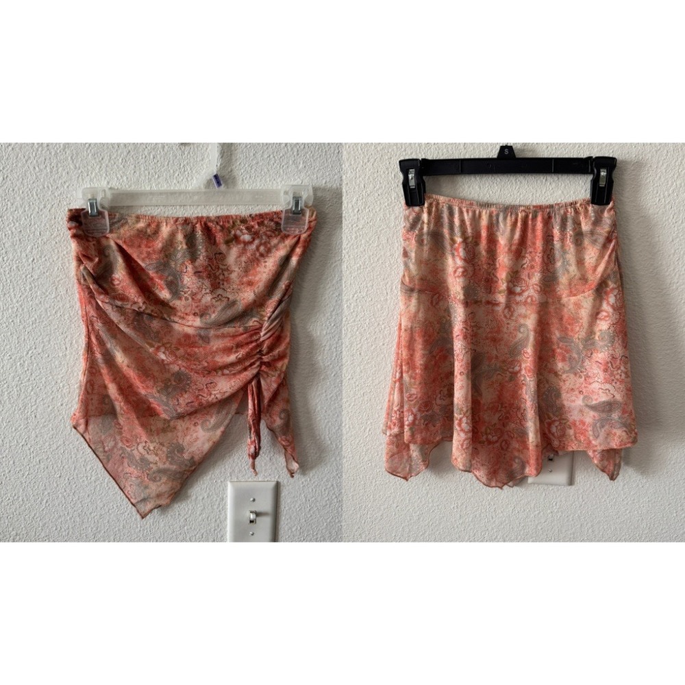 Pink Floral Ethereal Mesh 2 Pc Set Tube Top Sharkbite Skirt M Y2K Fairy Whimsy